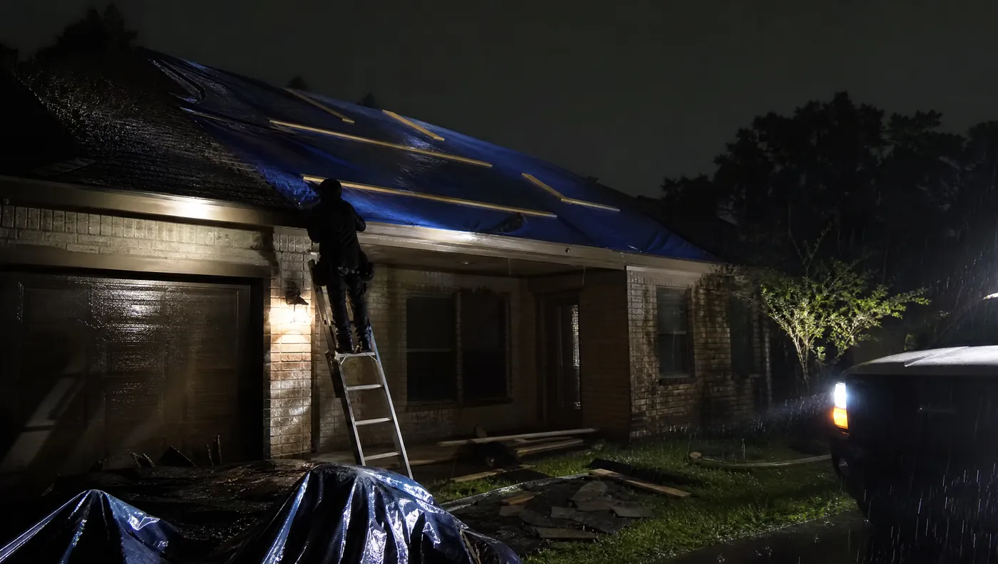 Emergency blue tarp fastened over storm-damaged roof decking at night in Rosharon TX