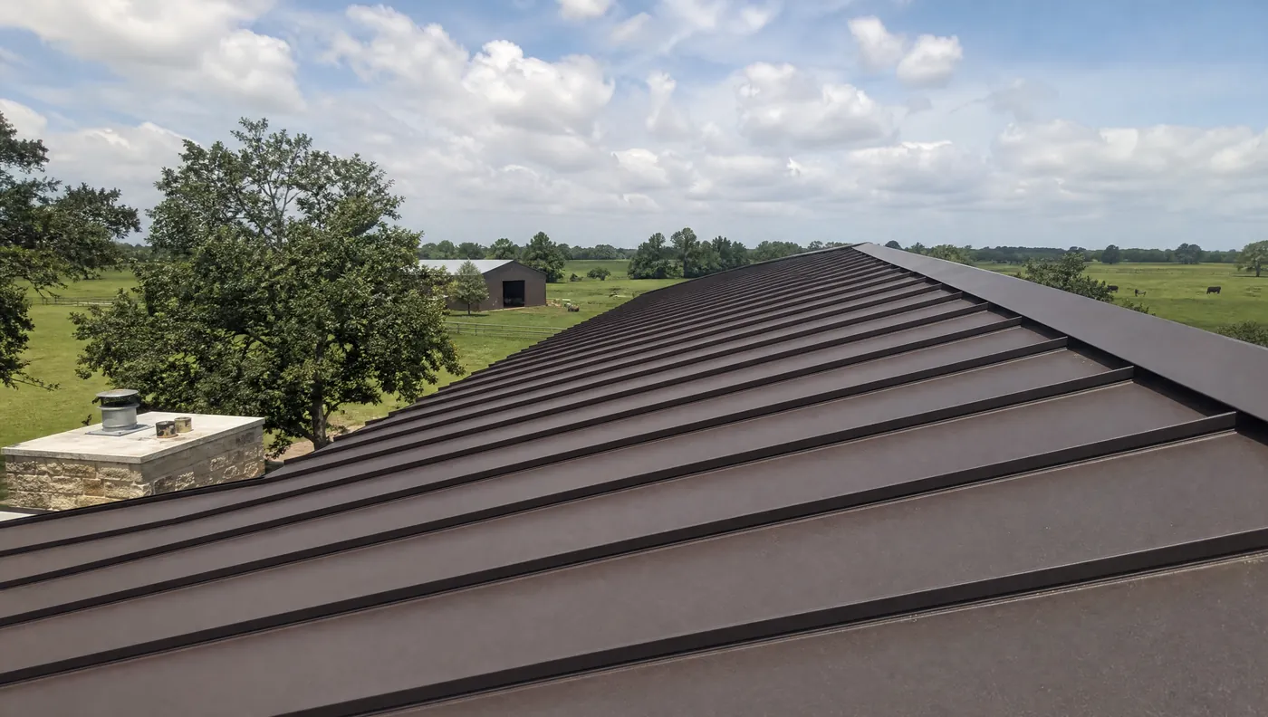 24 gauge standing seam Galvalume metal roof on a rural property near Rosharon TX