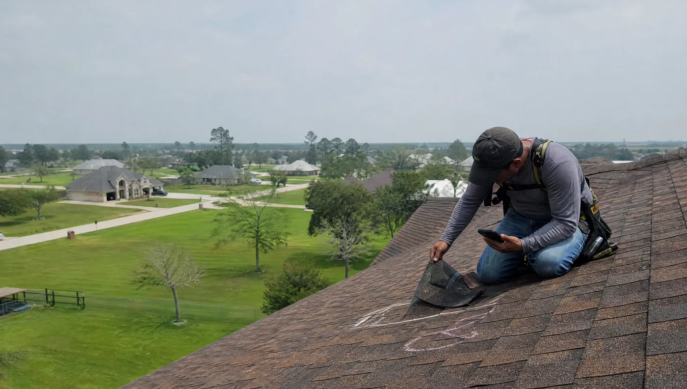 Roofer walking a Brazoria County roof during a free storm inspection