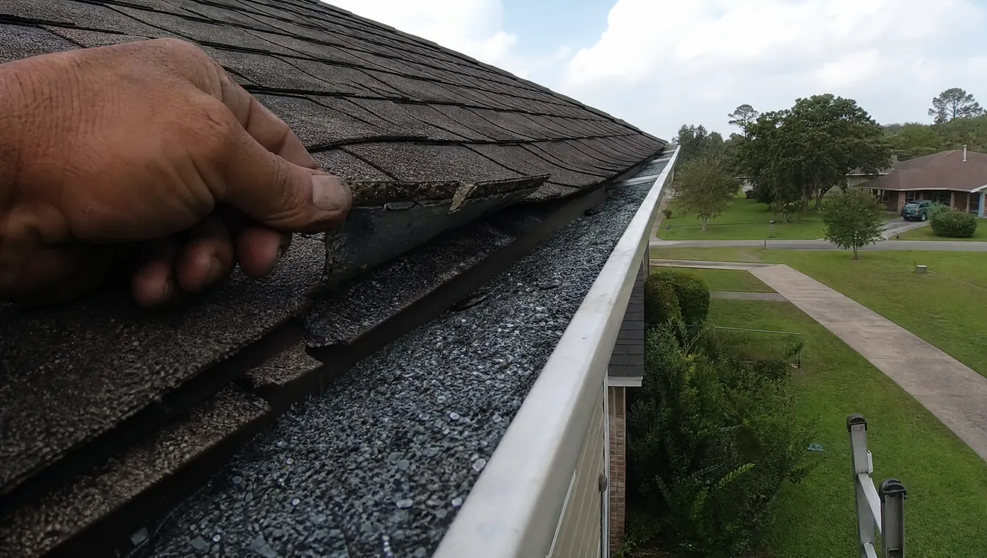 Roofer inspecting shingle granule loss and flashing on a Rosharon Texas roof