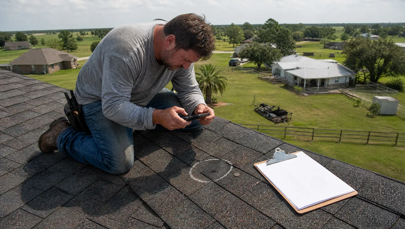 Roofer photographing hail damage for a Texas roof insurance claim in Rosharon