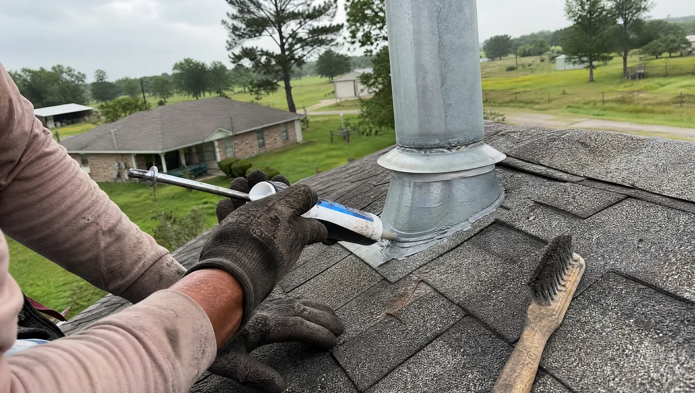 Annual roof maintenance check of sealant at a roof penetration in Rosharon Texas