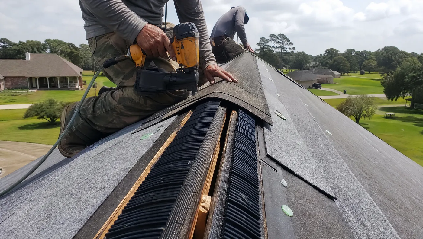 Ridge vent and synthetic underlayment detail on a new roof in Rosharon TX