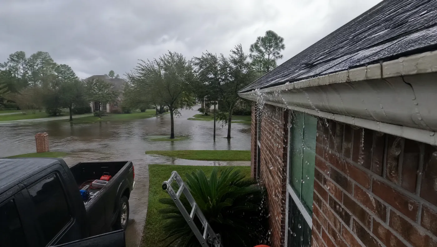 Roof repair after heavy rainfall damage on a home in Brookside Village Texas