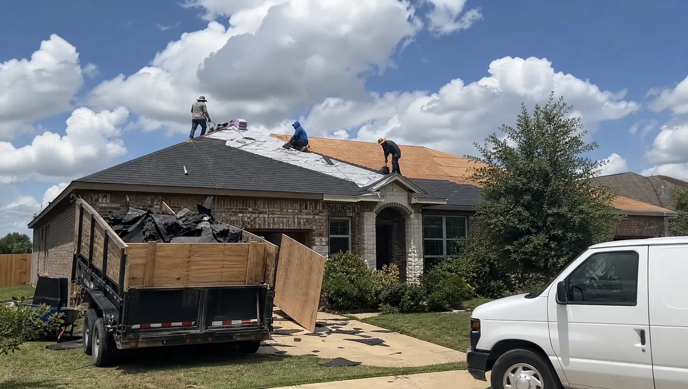 Roofing crew finishing an architectural shingle roof on a Rosharon TX home